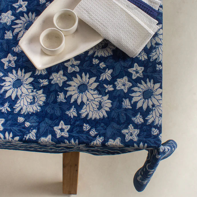 Indigo Blue Floral Printed Soft Cotton Dining Table Cover4 Seater